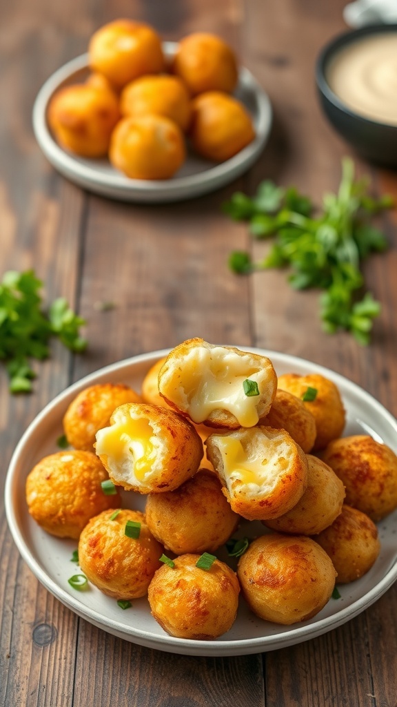 Crispy Air Fryer Potato Balls Recipe Crispy air fryer potato balls on a plate, garnished with herbs, served with a dipping sauce.
